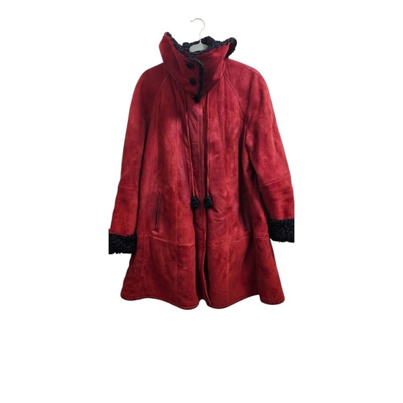 Vintage Red Suede Coat with Black Fur Trim Women’s Winter Jacket Size 40 - Picture 4 of 16